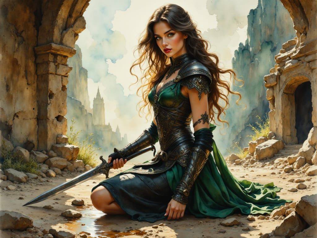 Warrior Kneeling with Glowing Sword in Ruined Landscape