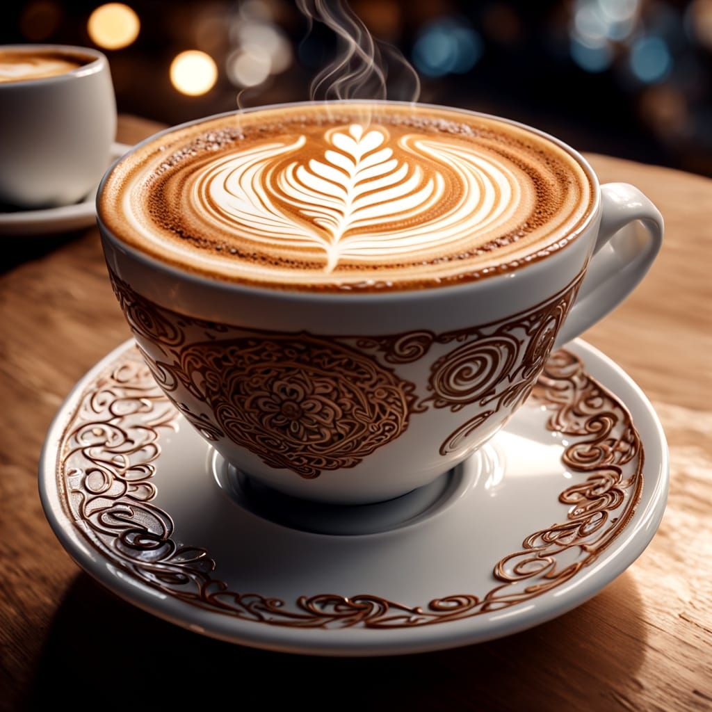 Hyperdetailed Coffee with Intricate Latte Art in Enchanted C...