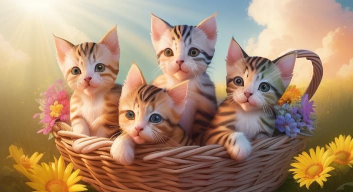 Playful Kittens in Wicker Basket: Hyperrealistic Art