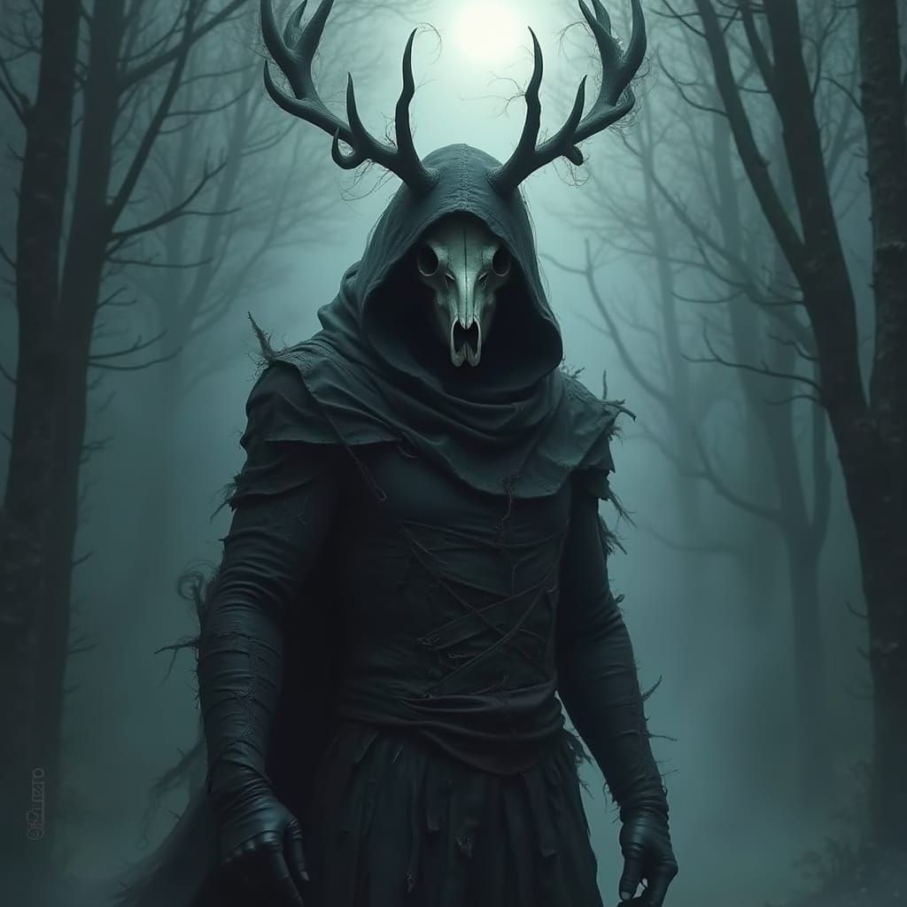 Mysterious Figure in Moonlit Woods with Deer Skull Mask