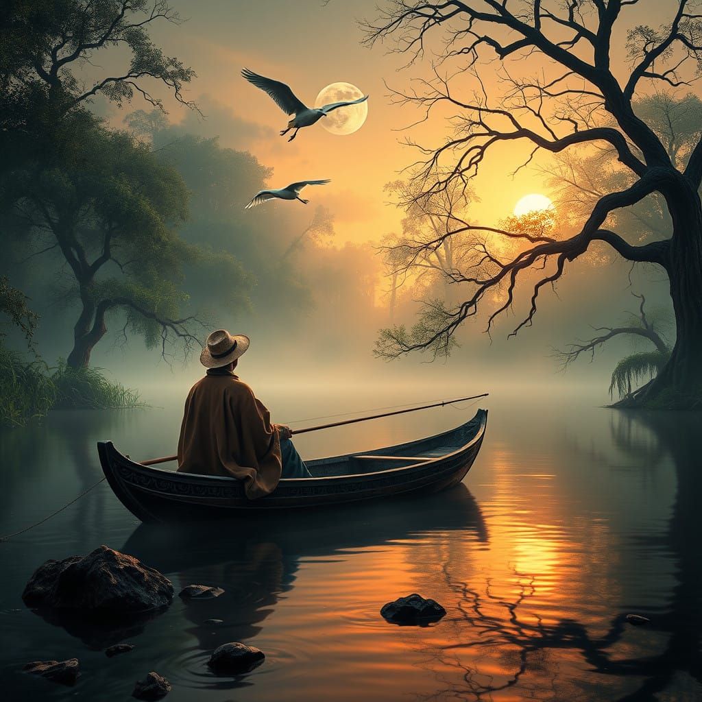 Serene Waterhouse-Inspired Scene in a Misty Orinoco River Se...