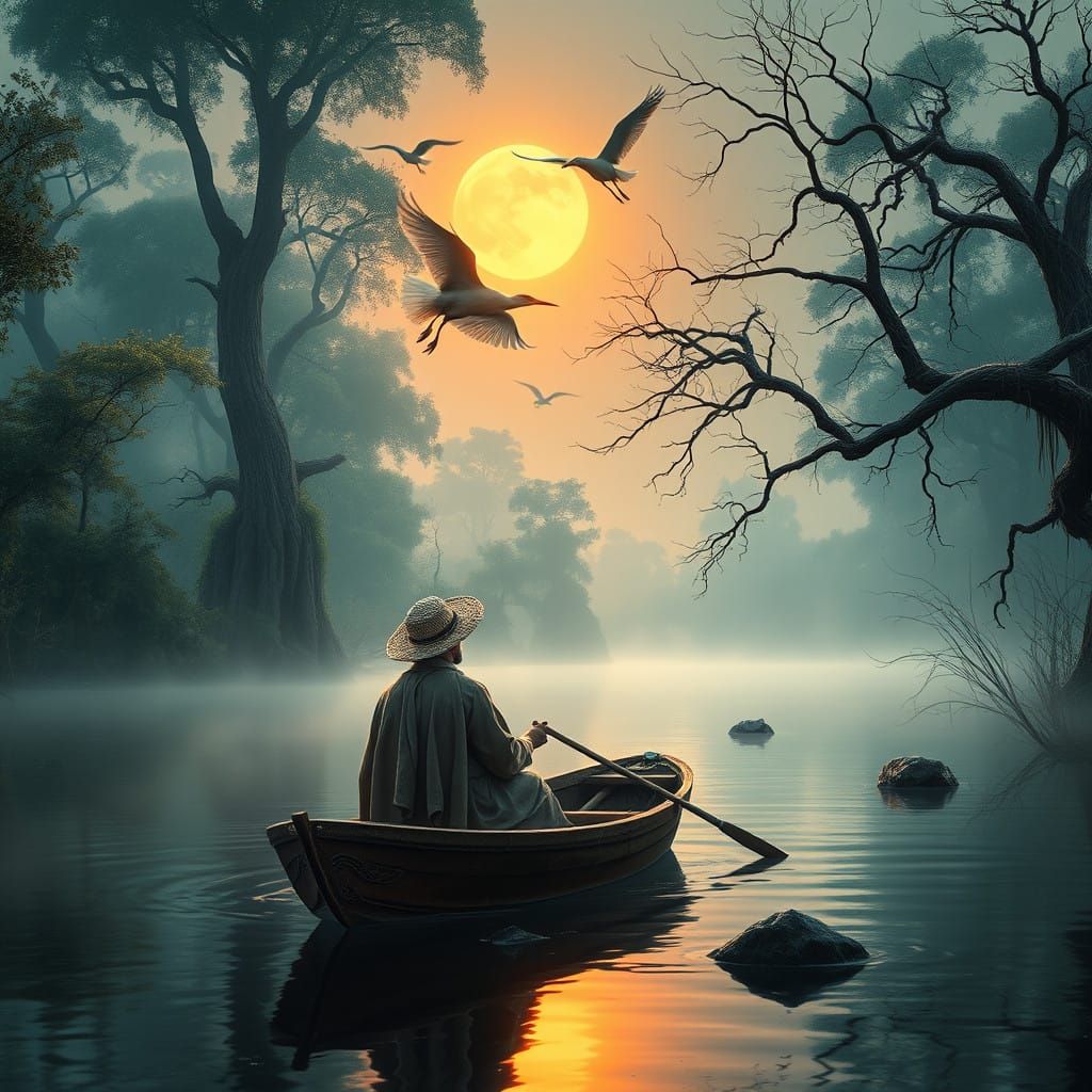 Man and Woman in Misty Orinoco River Scene