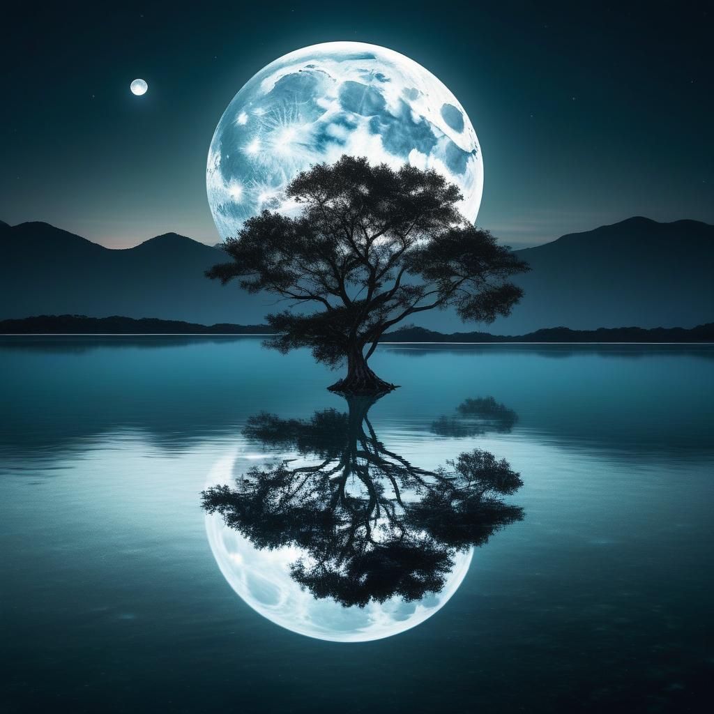 Island Tree Mirrored Under Moonlight: Atmospheric Painting