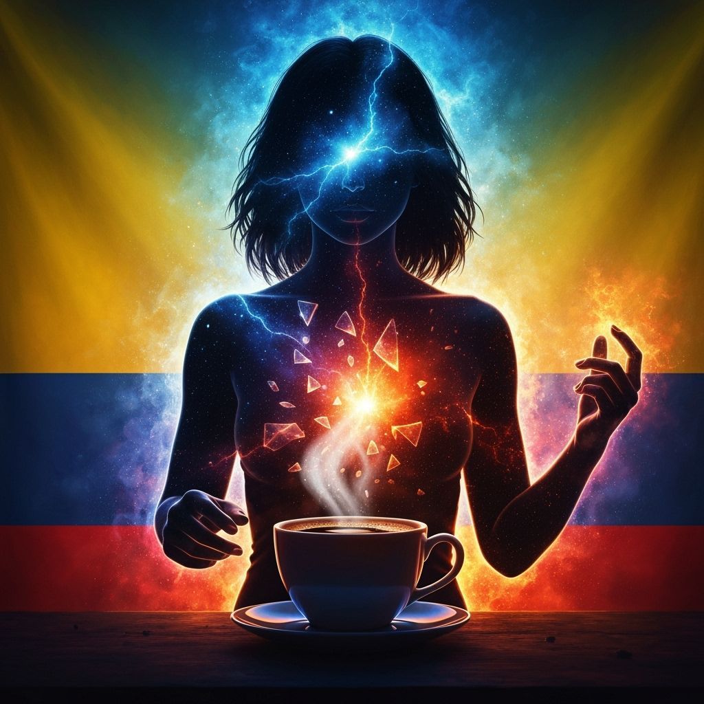 Cosmic Energy Woman Emerges from Coffee Cup