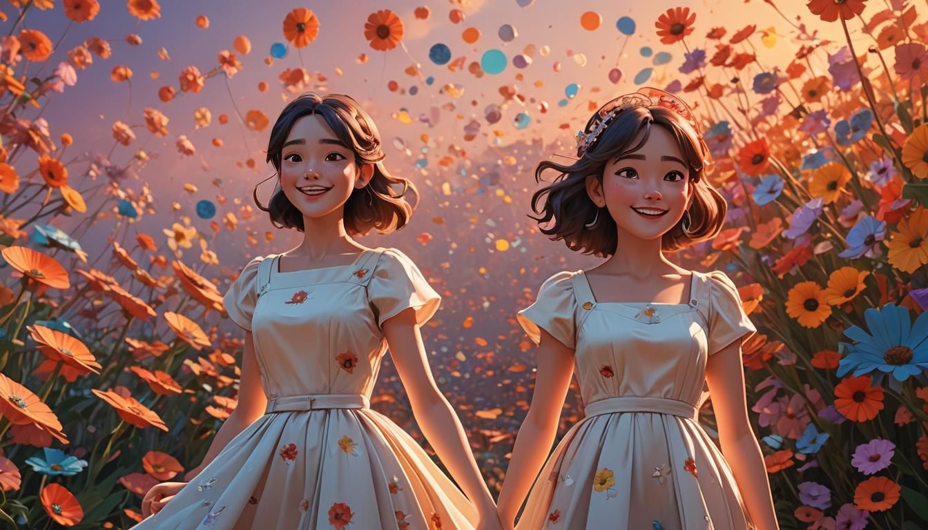 Enchanting Girl in Vibrant Sunset, Ghibli-Inspired Modern Ar...