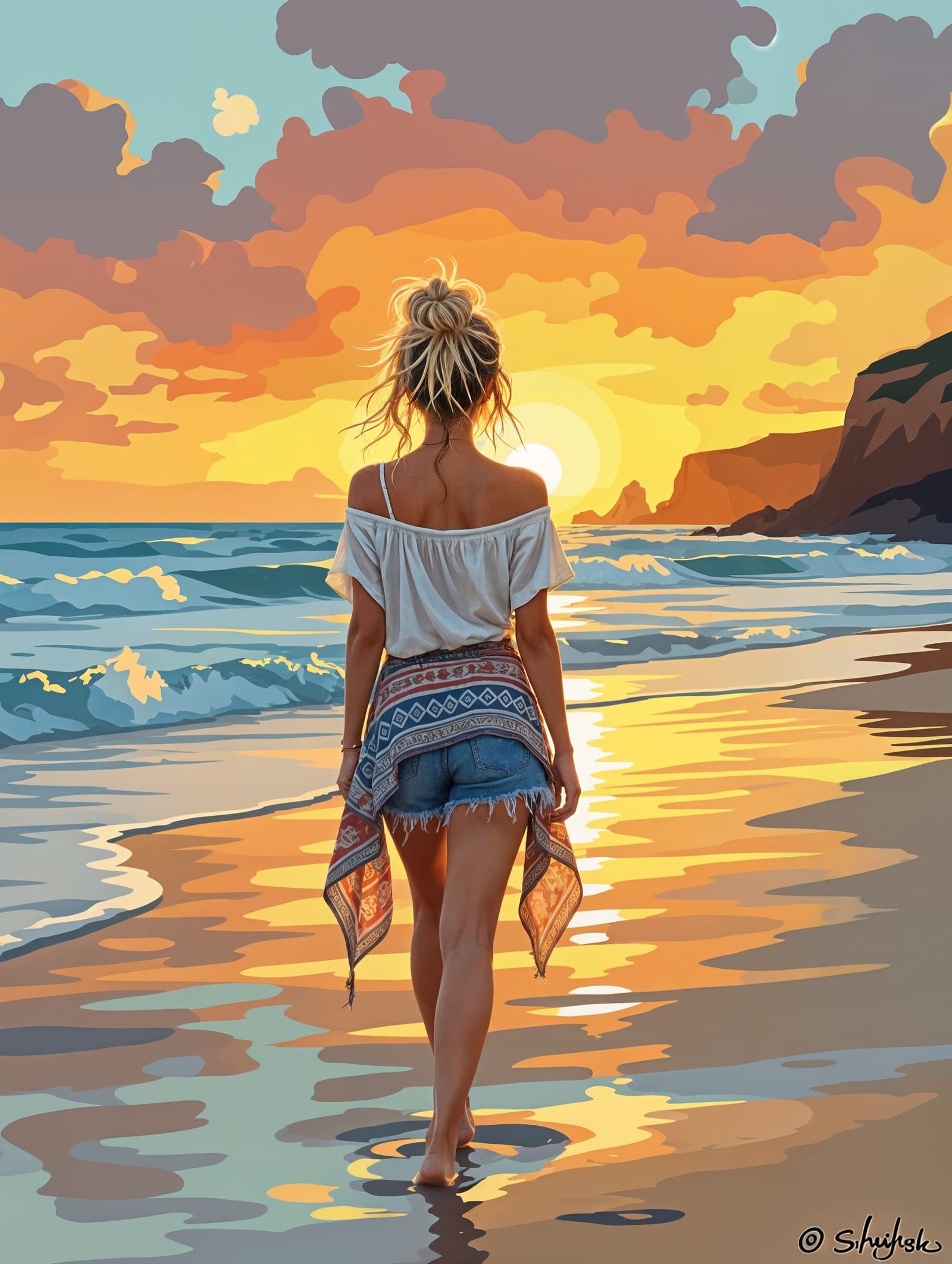 Impasto Sunset Beach Scene with Free-Spirited Woman