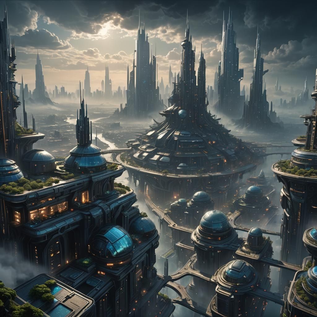 Futuristic Metropolis with Bioluminescent Plants