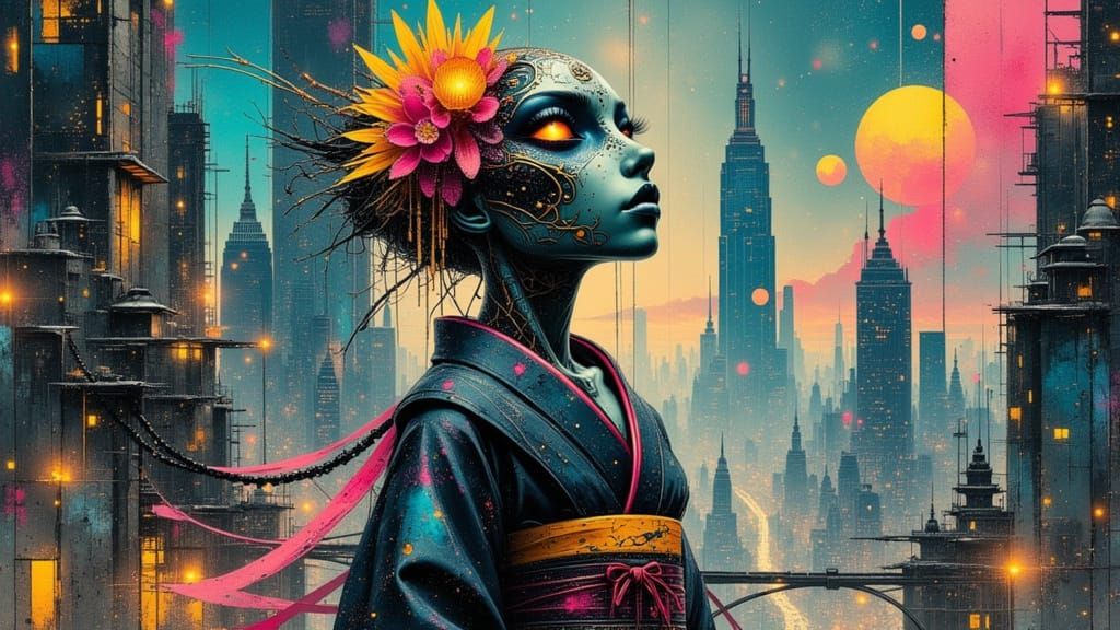 Cybernetic Reptilian Companion in Fractal Metropolis