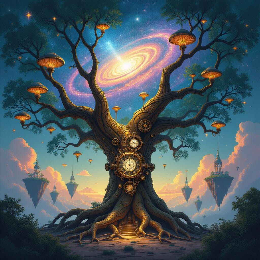 Brass Clockwork Tree Amidst Galaxy and Floating Islands