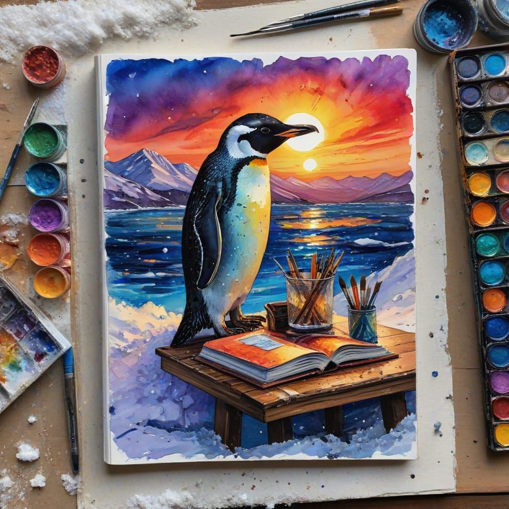Vibrant Arctic Sunset with Penguin Artist