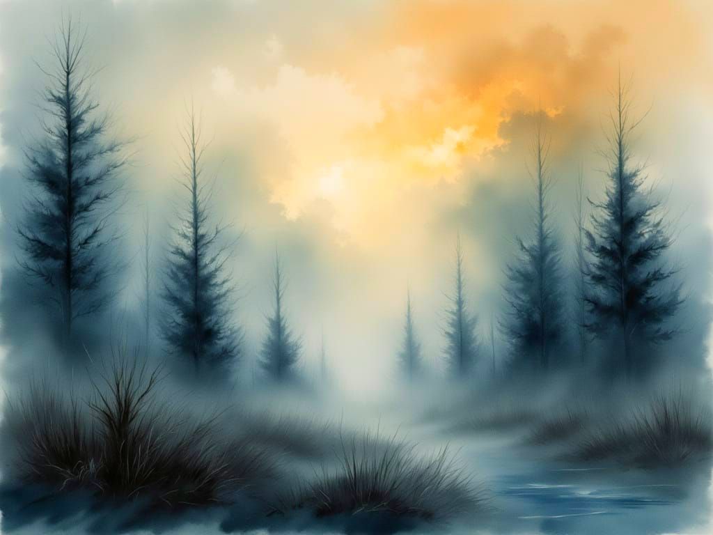 Misty Silhouettes in Atmospheric Watercolor Painting