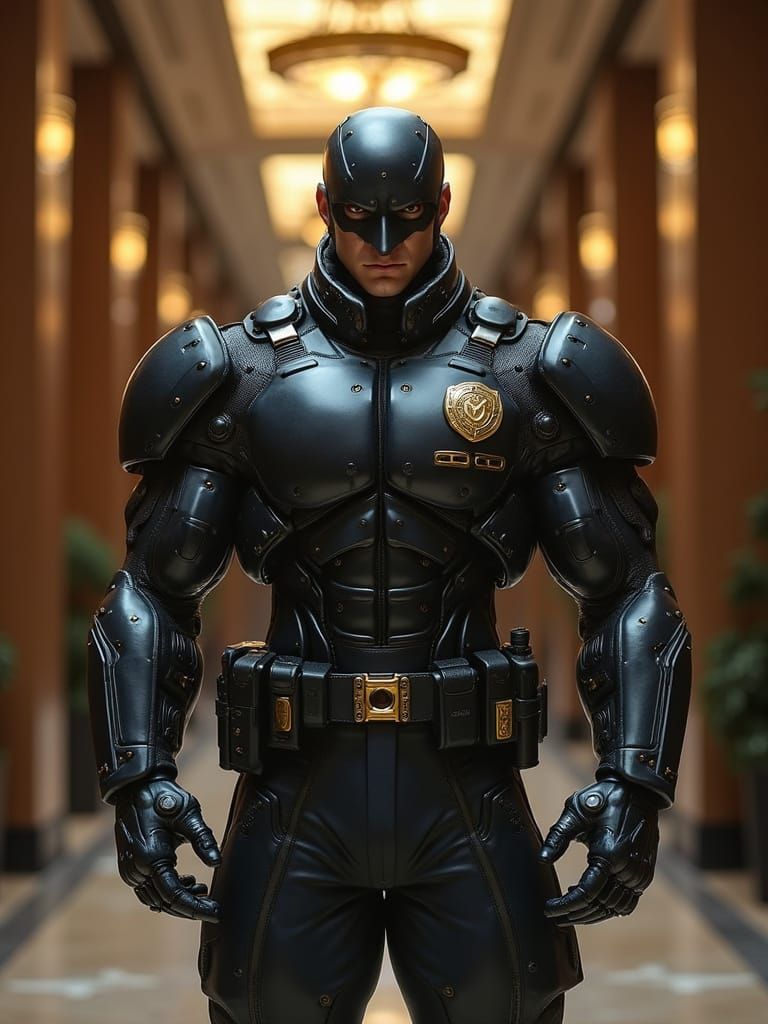 Cyborg Superhero Gentleman in Opulent Lobby