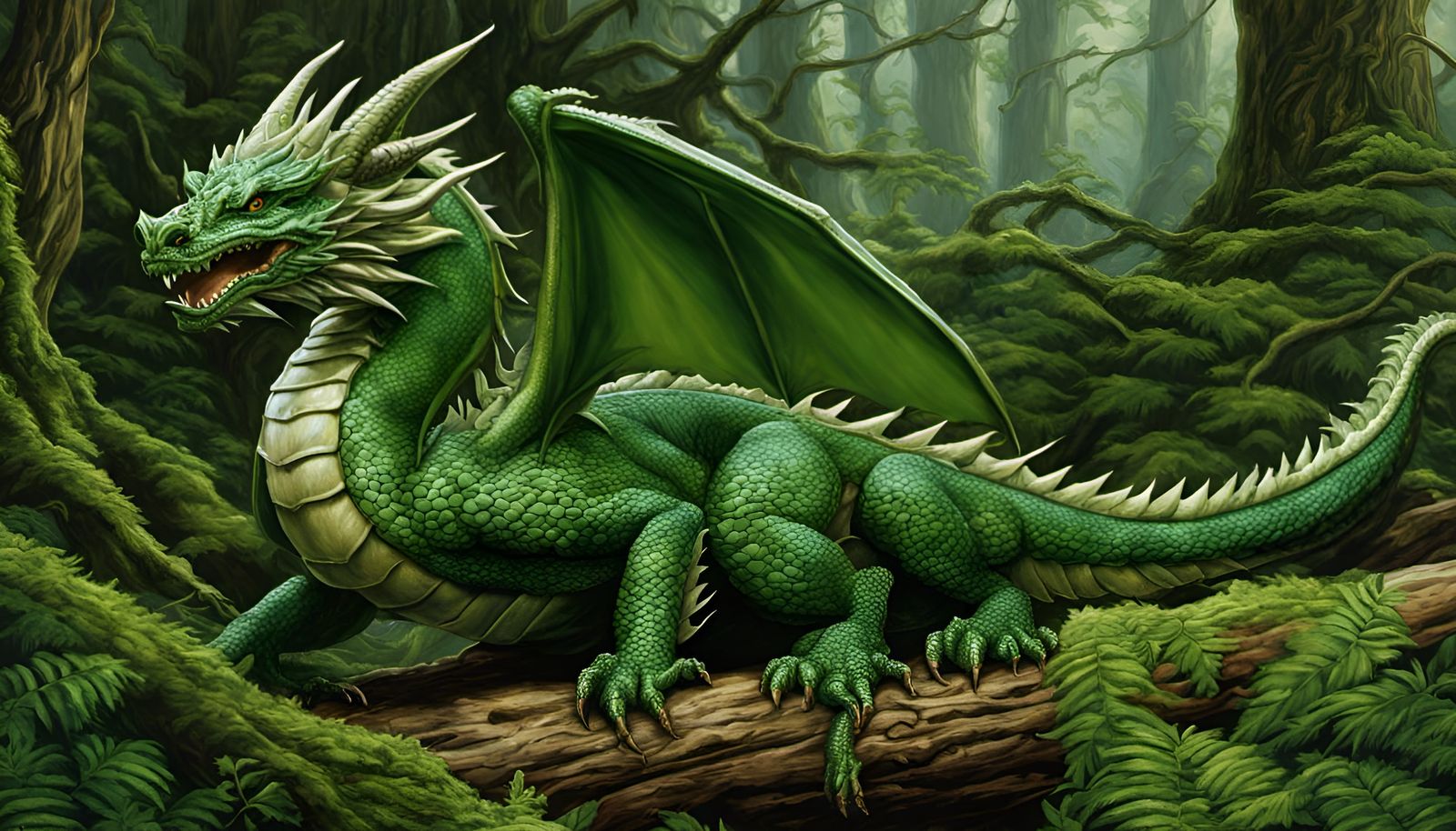 Green Dragon in Forest, Fantasy Art