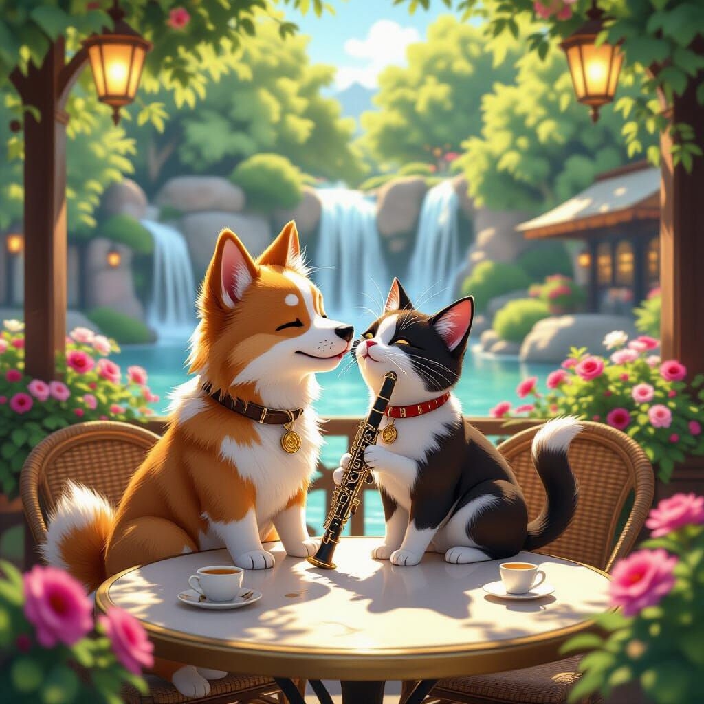Cartoon Dog Kisses Cat Playing Clarinet in Cafe