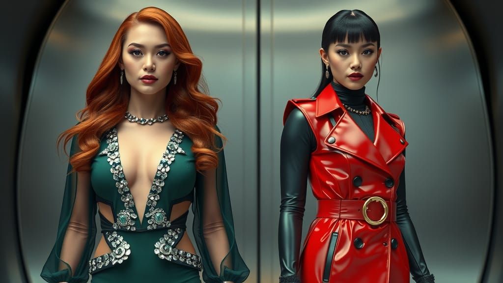 Two women stand confidently side by side, each adorned in st...