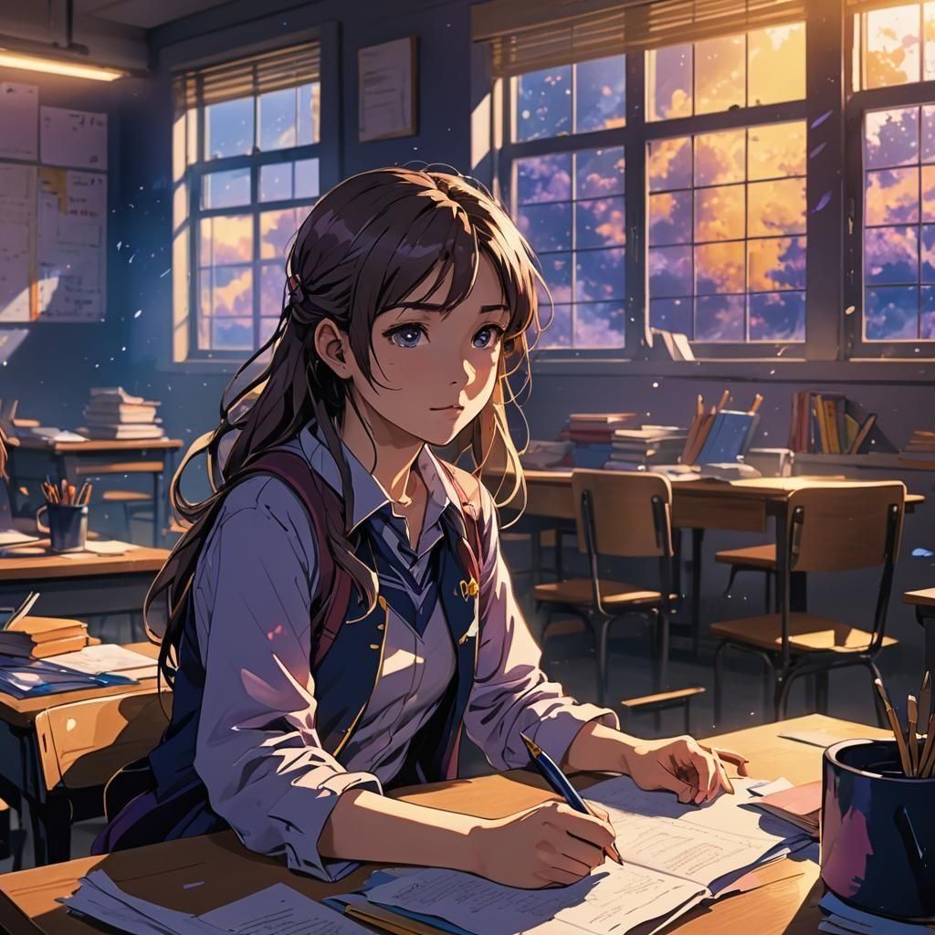 Anime Girl Studying at Night, Cel-Shaded