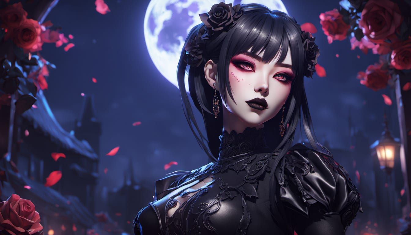 Seductive Dark Goddess in Gothic Anime Style