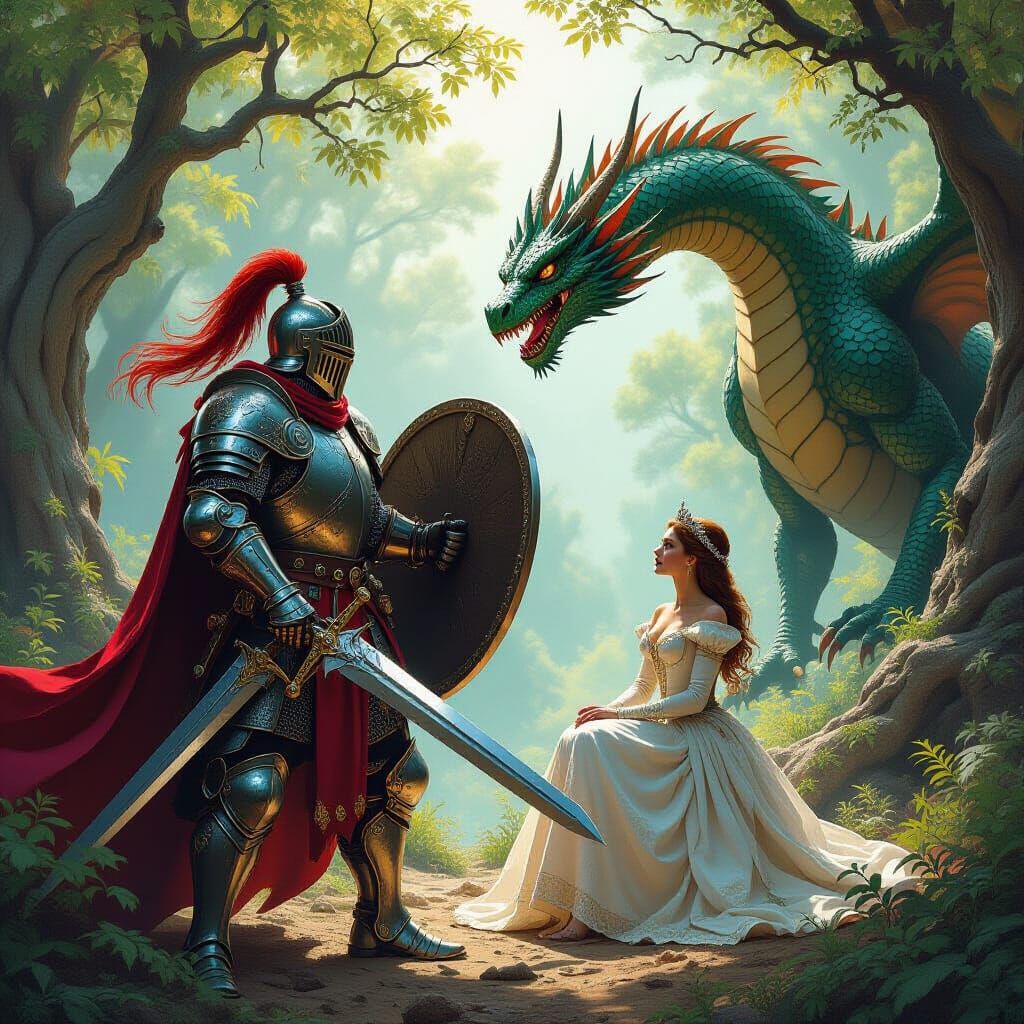 Knight and Dragon in Mystical Forest