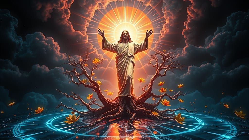Divine Jesus Figure Blazing Amidst Neon Rainbow Circles