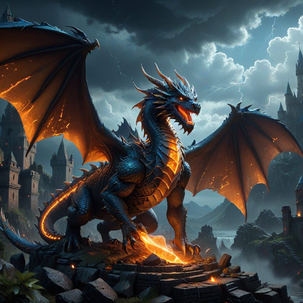 Majestic Dragon Soars Over Ruined Castle in Stormy Sky