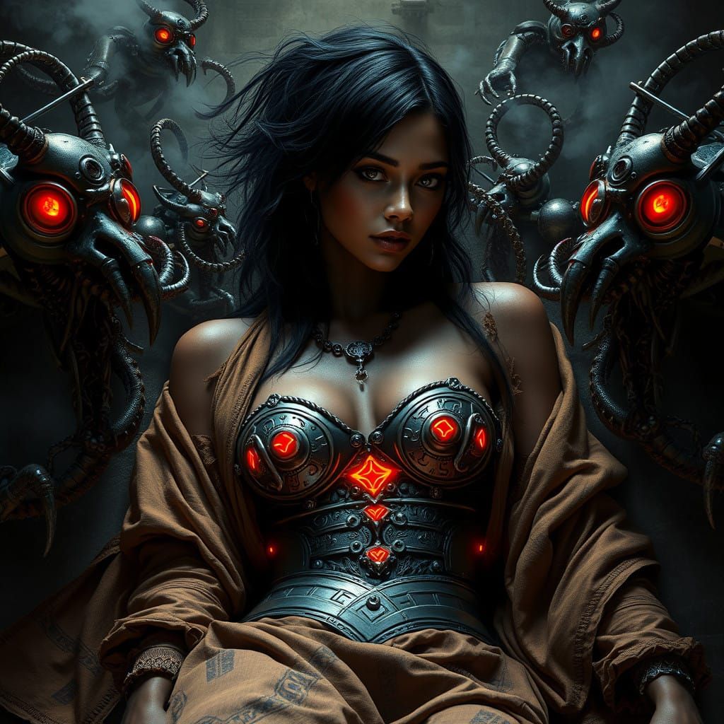 Cybernetic Beasts Menace a Distopian Future Goddess