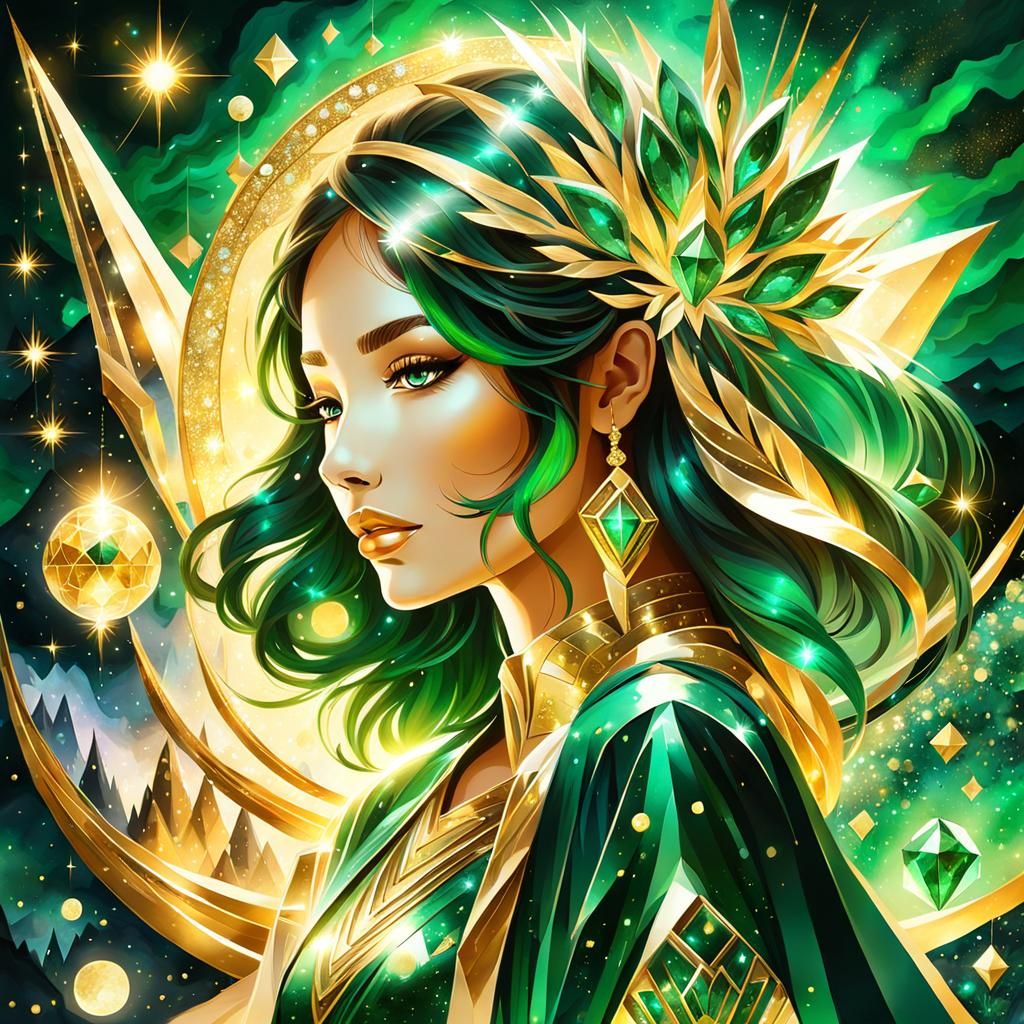 Emerald Crystal Girl in Cosmic Dreamscape Odyssey