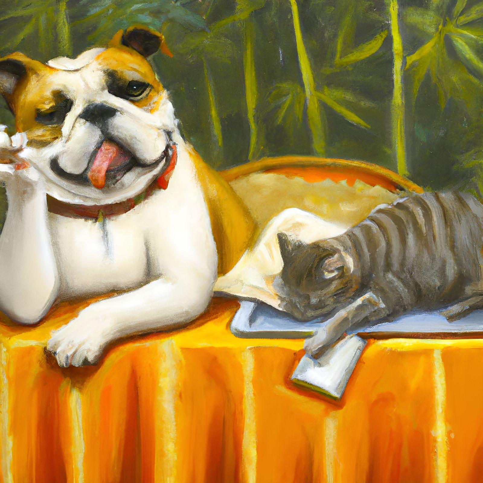 Funny Bulldog Oil Painting Satisfied with Dinner
