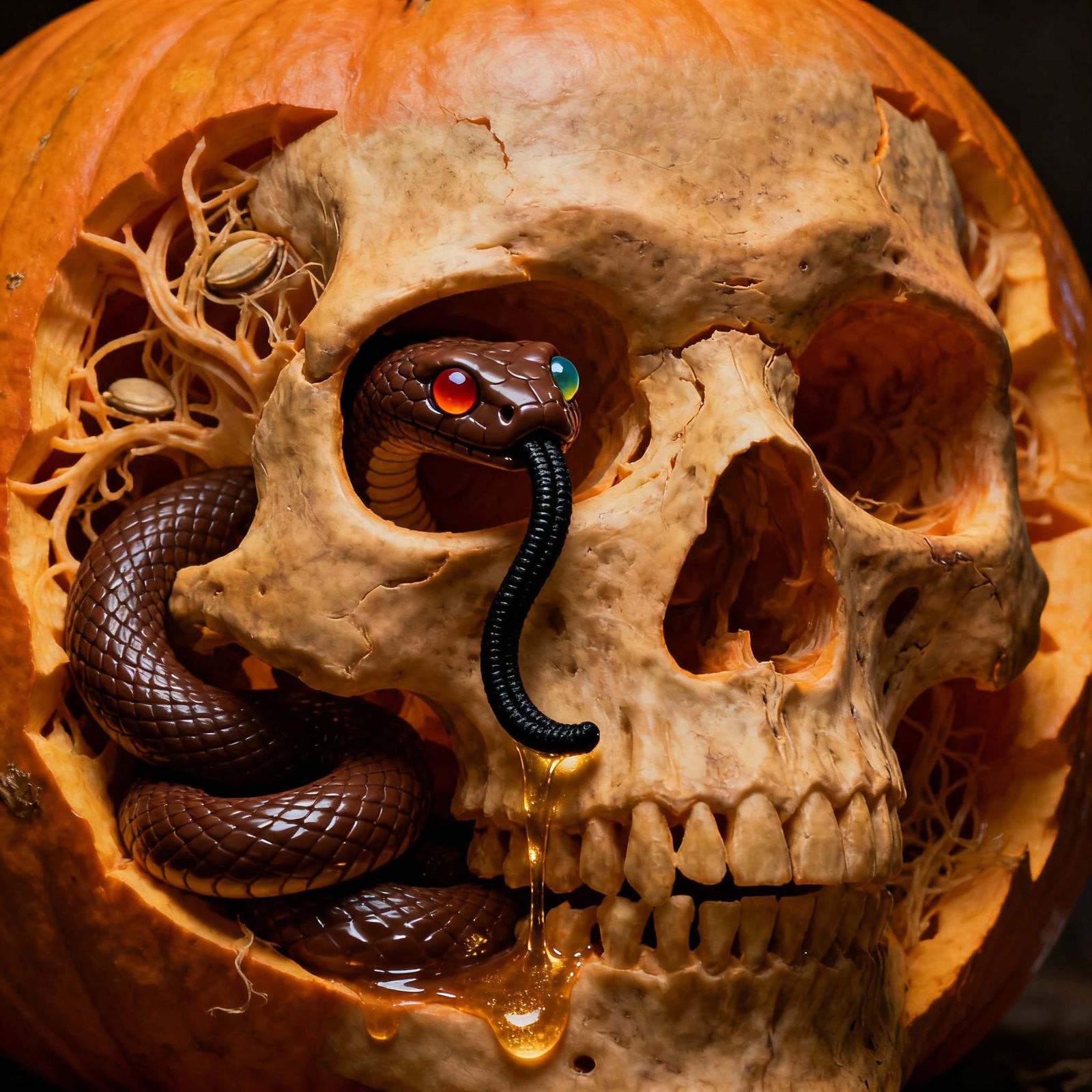 Hyperrealistic Chocolate Skull Snake Pumpkin Carving