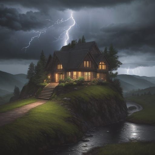 Dramatic Landscape Painting of Stormy Rolling Hills