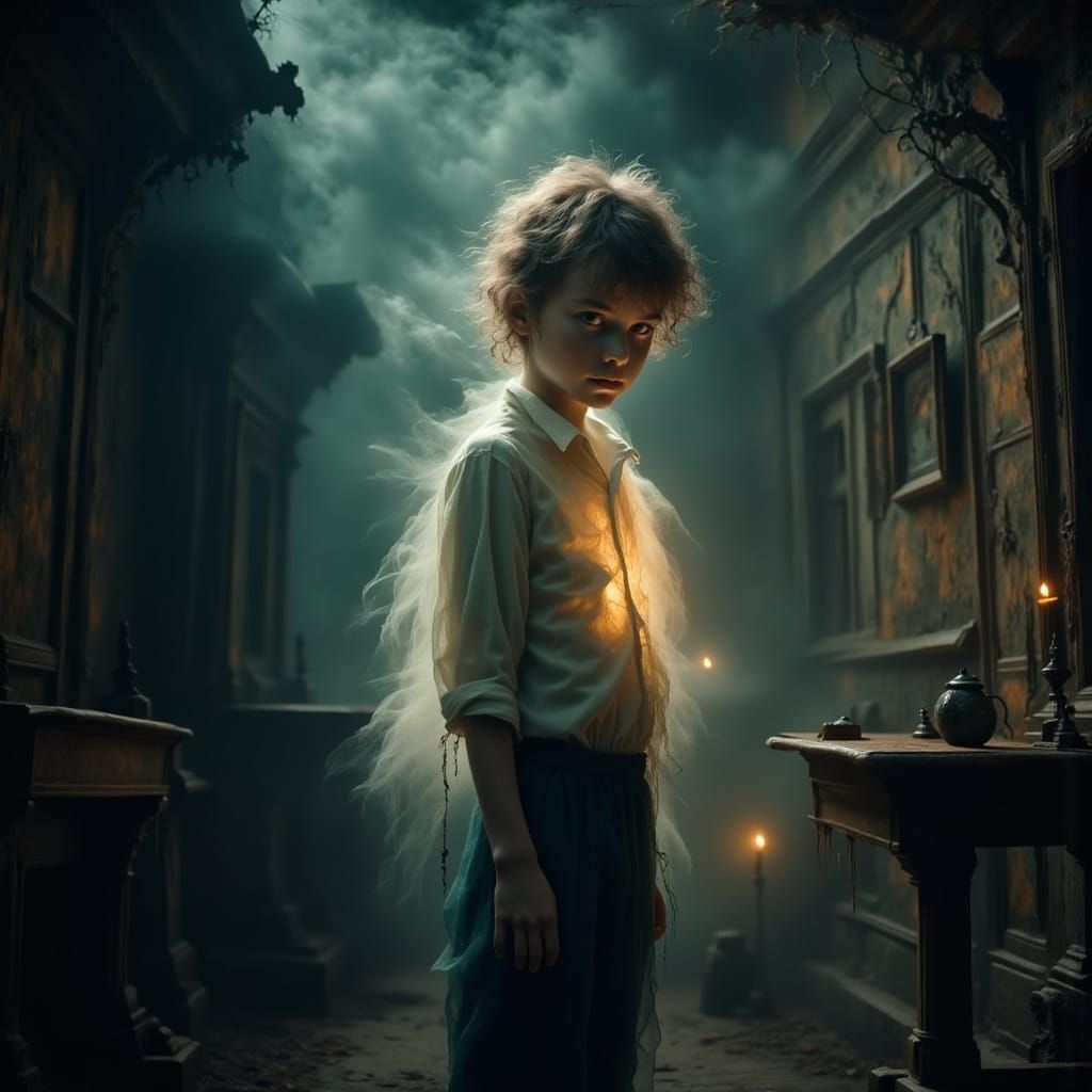 Mysterious European Boy in Eerie Dark Room