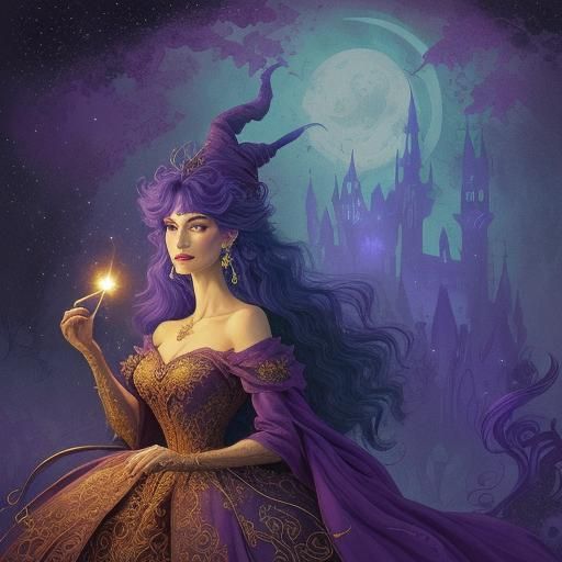 Gouache Witch Waving Wand in Mystical Ballroom