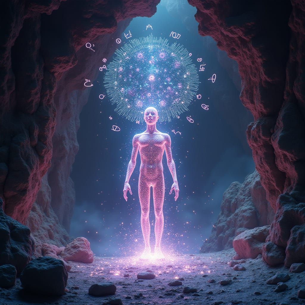 Cyberpunk Oracle of Algorithms Materializes in Crystal Cave