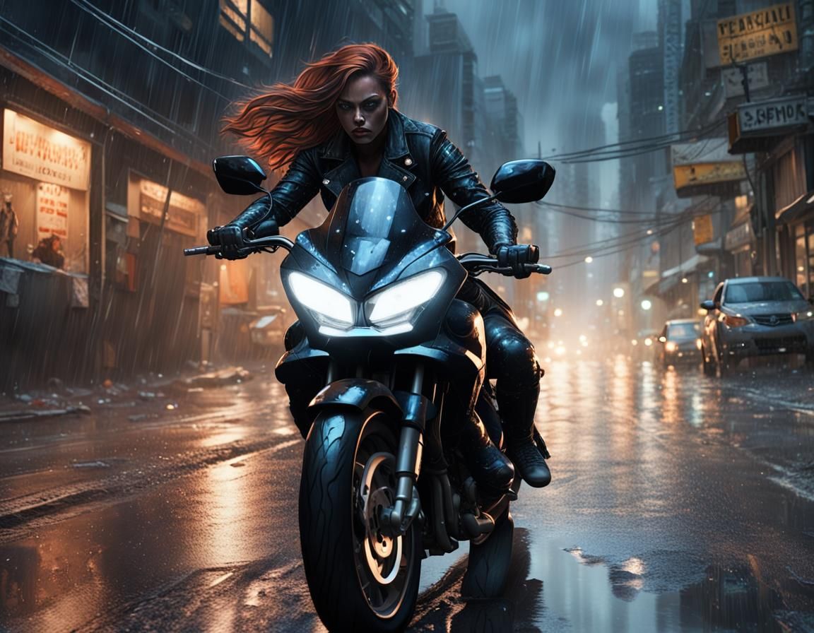 Goth Bodybuilder on Motorcycle in Rainy City