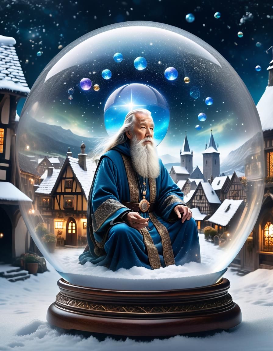 Ethereal Elder Meditating with Snow Globe Village