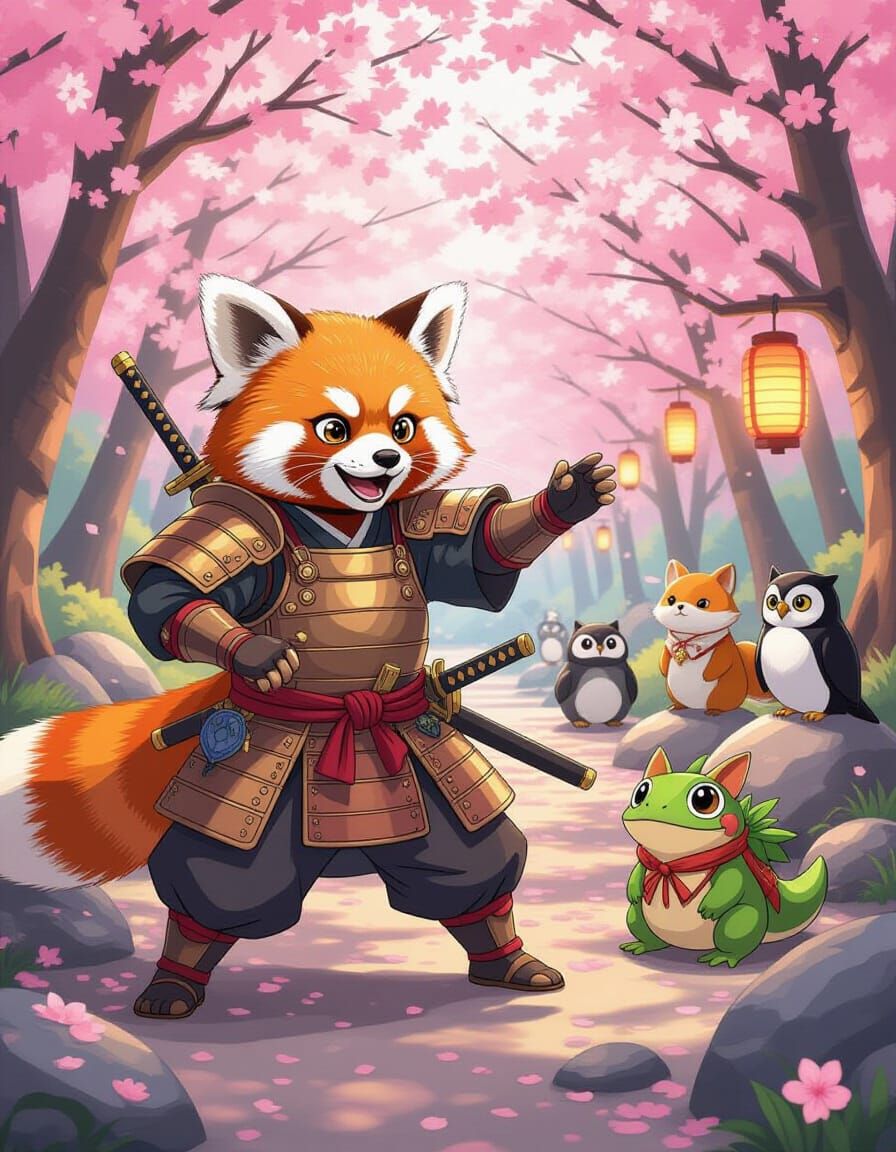 Samurai Red Panda & Frog Dragon in Anime Forest