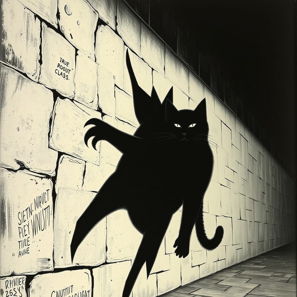 Dark Feline Entity Unfolds from Spooky Wall in a Deep, Mysti...