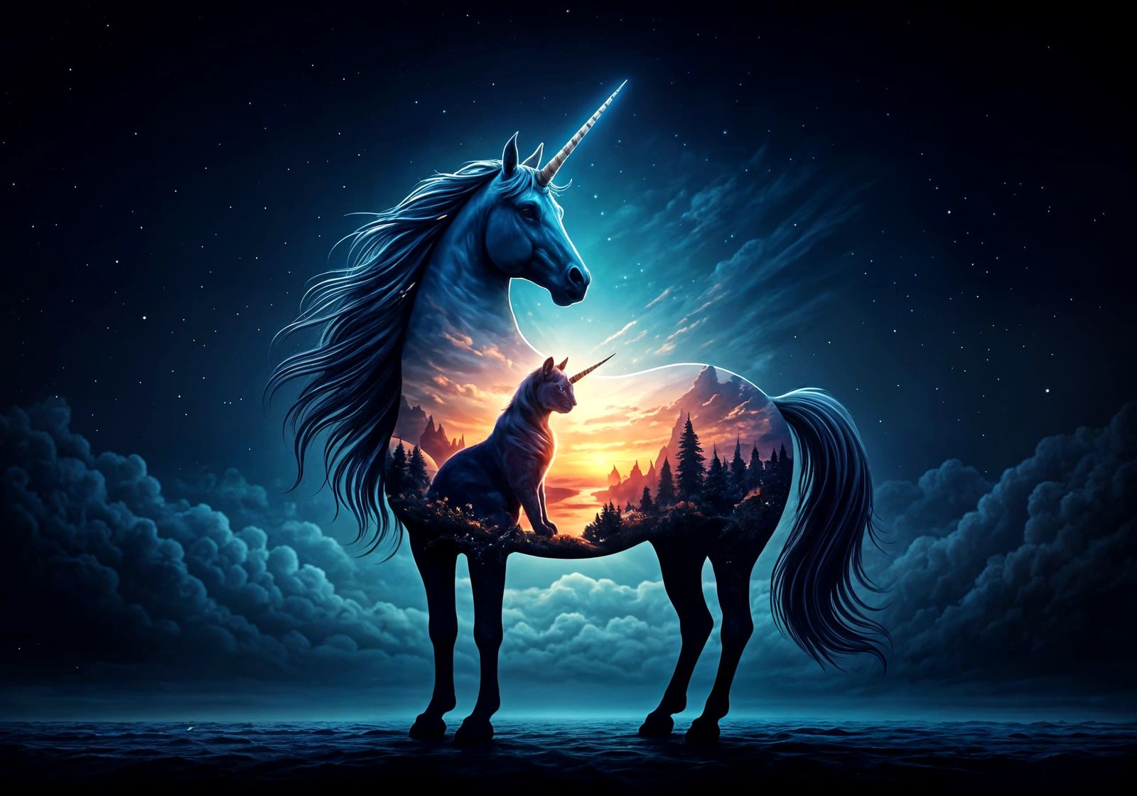 Elegant Unicorn Silhouette with Majestic Cat Inside