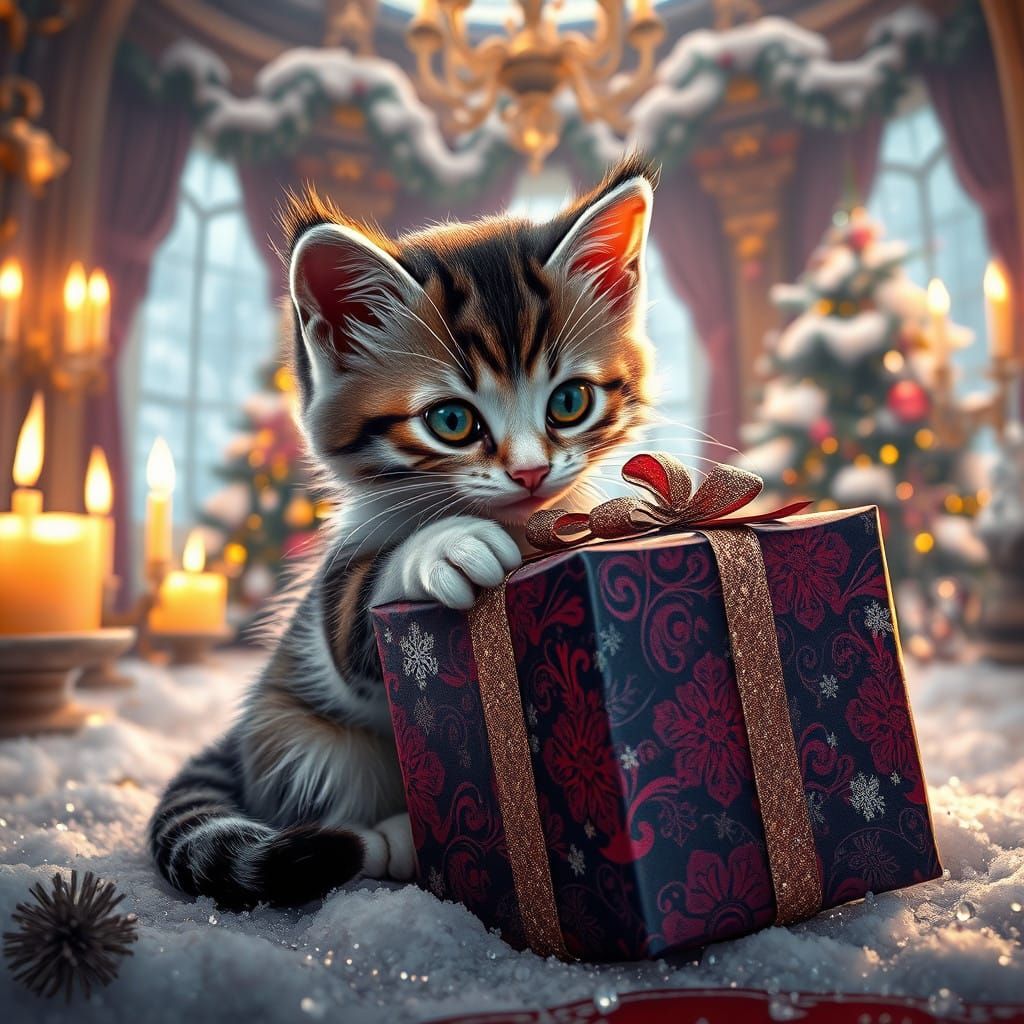 Kitten Unwraps Vibrant Christmas Gift in Whimsical Winter Wo...