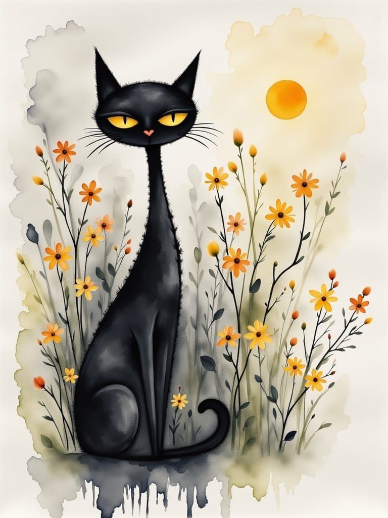 Whimsical Black Cat at the Beach in Watercolor