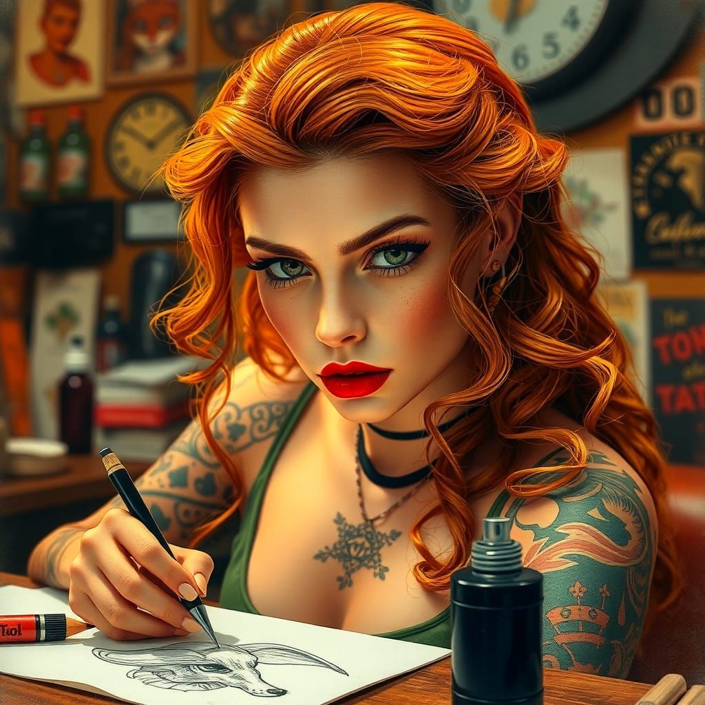 Tattoo Artist at Work: 1950s Pinup Art