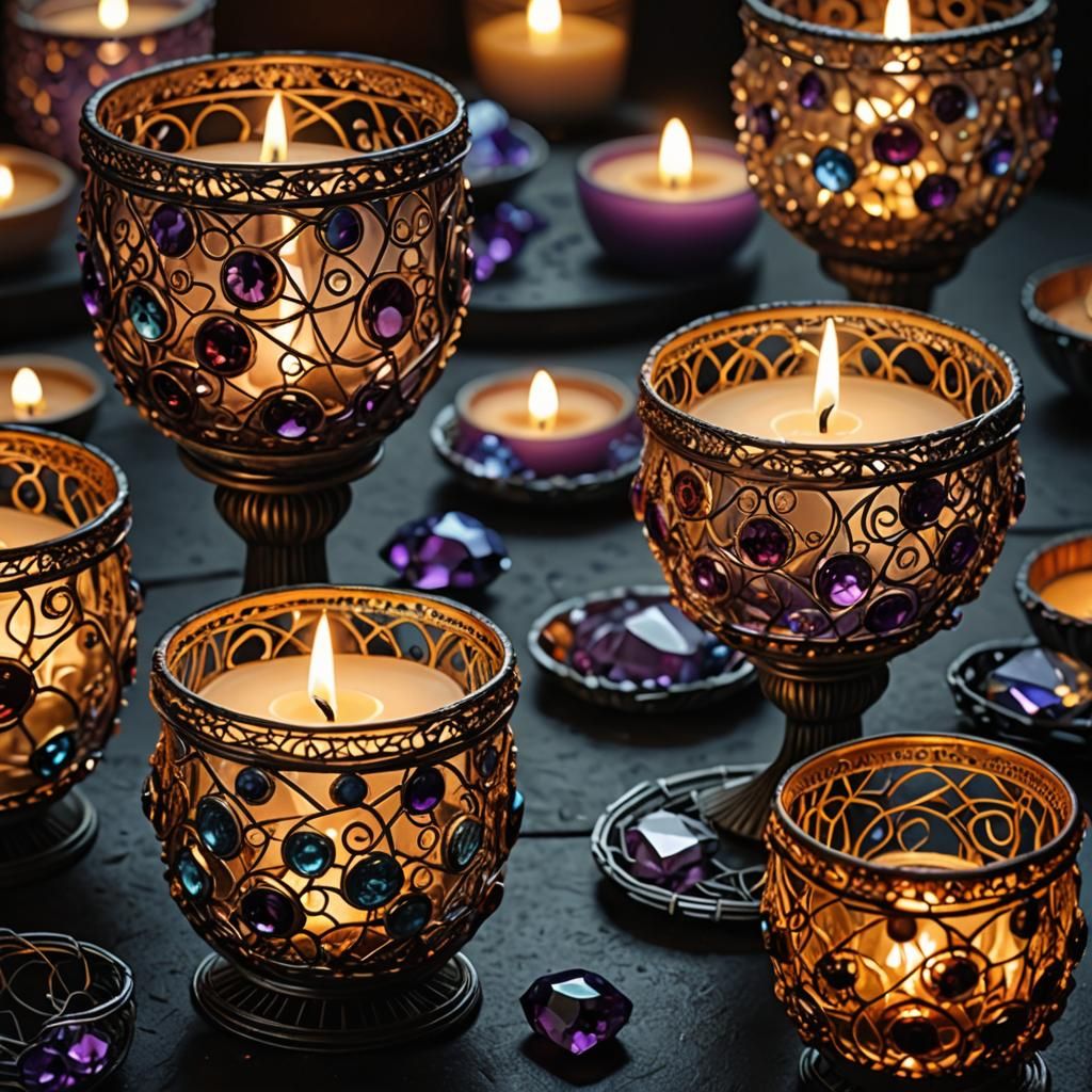 Gemstone Candle Holder Aglow: Hyperrealistic Close-Up