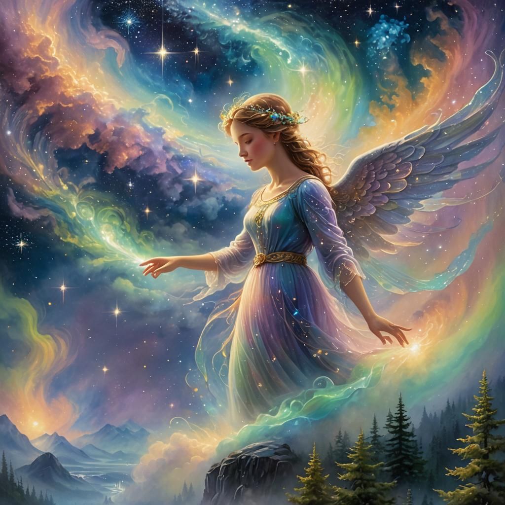 Angelic Figure Floating in Ethereal Galaxy