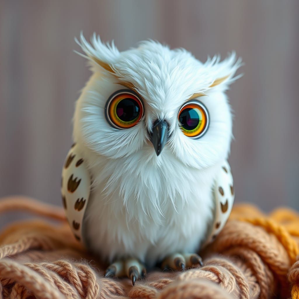 Cute Baby Owl Portrait with Knitted Yarn