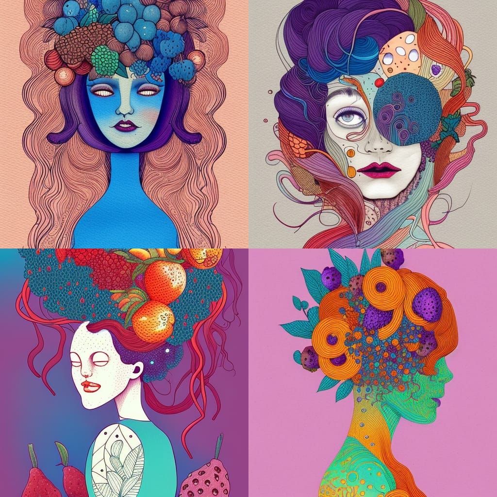 Fruit Haired Lady in Digital Watercolor Style