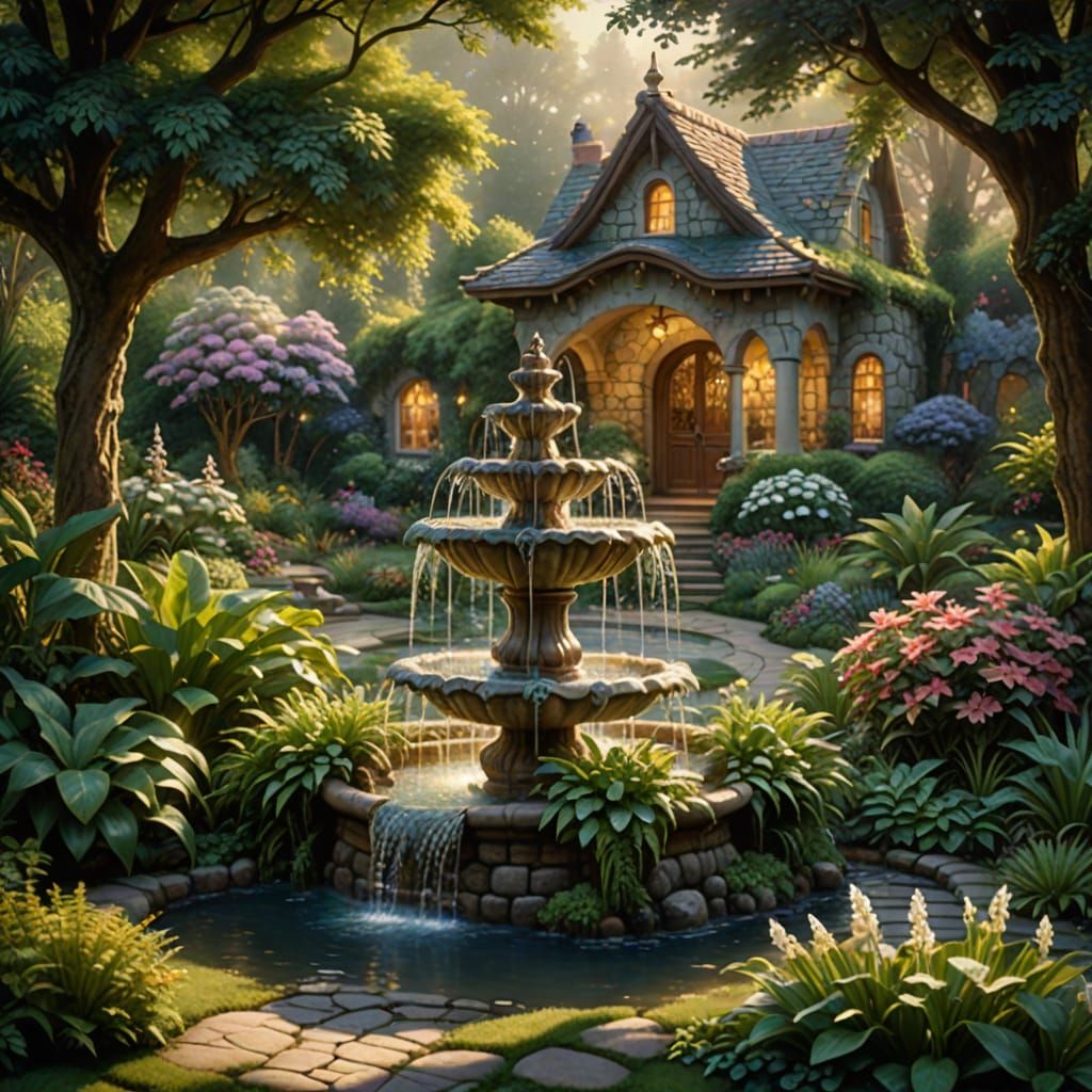 Whimsical Garden Oasis with Serene Fountain
