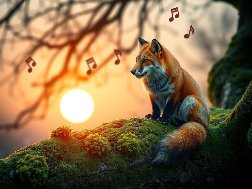 Fox-Tiger Hybrid at Sunrise with Musical Notes