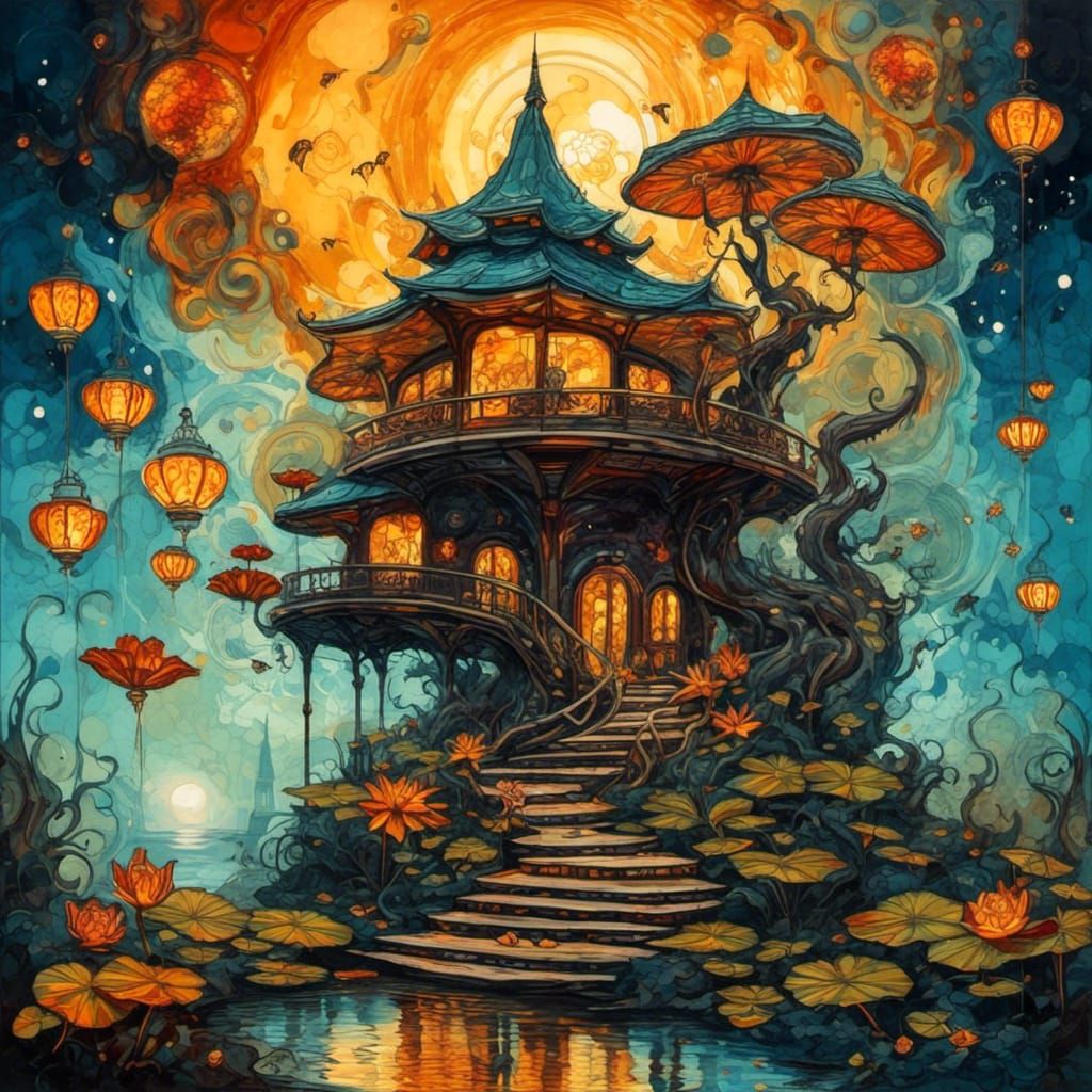 The small Lost Tea House, steps.<lora:Lily Pad:1.0>