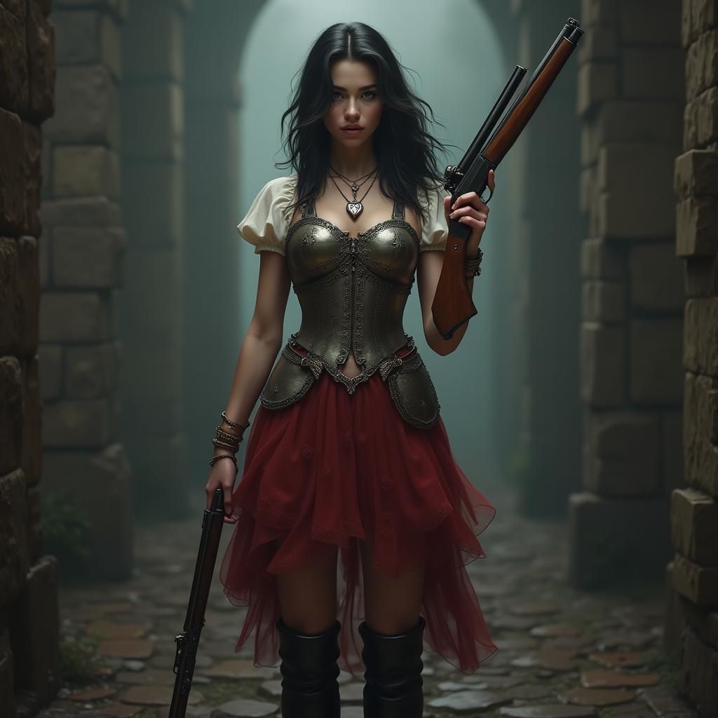 Poised Woman with Flintlock in Misty Setting