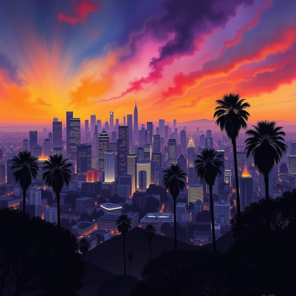 Beverly Hills Skyline at Twilight Digital Matte Painting