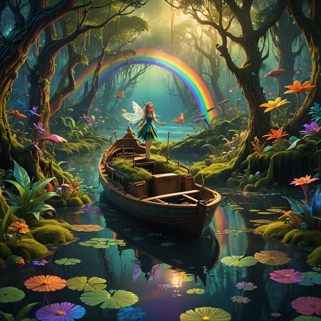 Psychedelic Cartoon Fairy on Rainbow River
